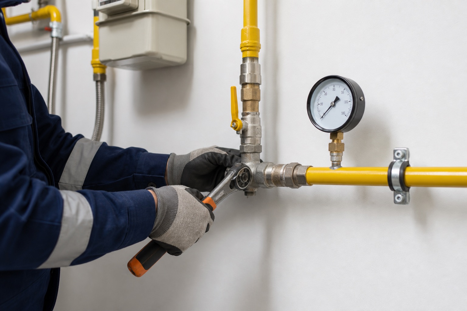 Sarı doğal gaz borusu, vana ve basınç göstergesini kontrol eden teknik servis çalışanı